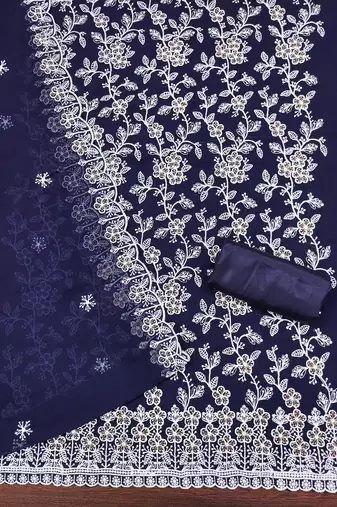 Women's royal blue heavy thread embroidery georgette dress material