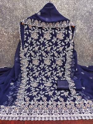 Women's royal blue heavy thread embroidery georgette dress material 4