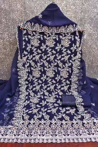Women's royal blue heavy thread embroidery georgette dress material