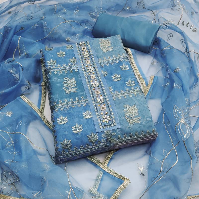 Women's multi unstitched thread sequence embroidery viscose organza dress material (msmfc11601d)