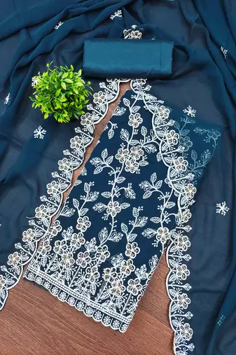 Women's teal blue unstitched heavy thread embroidery georgette dress material (cp9100tbl)