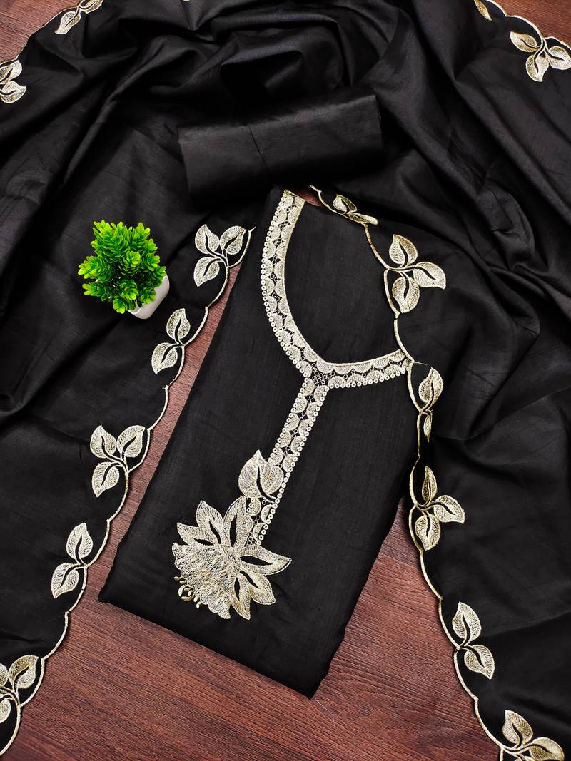 Women's black unstitched heavy thread embroidery cotton dress material (mt662blk)