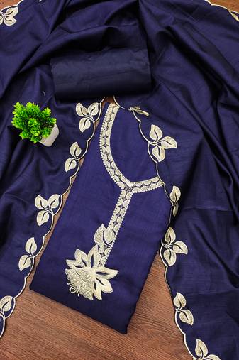 Women's blue unstitched heavy thread embroidery cotton dress material (mt662blu)