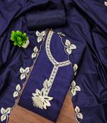 Women's blue heavy thread embroidery cotton dress material