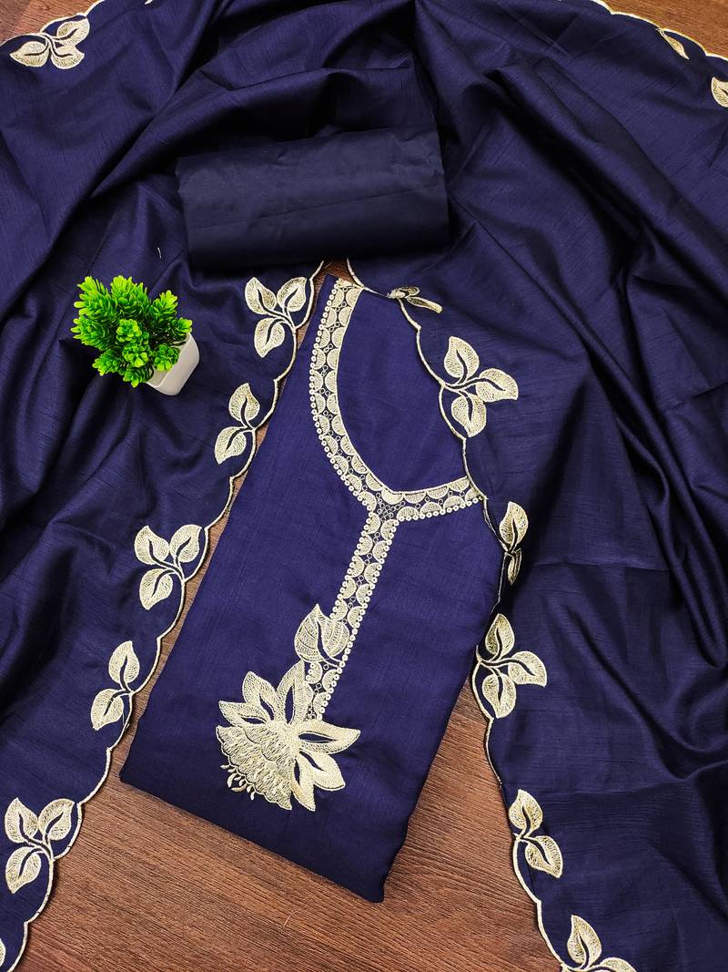 Women's blue unstitched heavy thread embroidery cotton dress material (mt662blu)