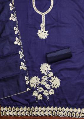 Women's blue heavy thread embroidery cotton dress material 2