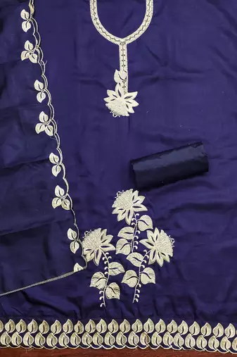 Women's blue heavy thread embroidery cotton dress material