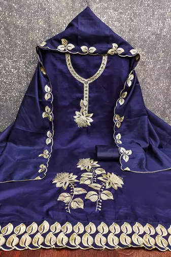 Women's blue heavy thread embroidery cotton dress material