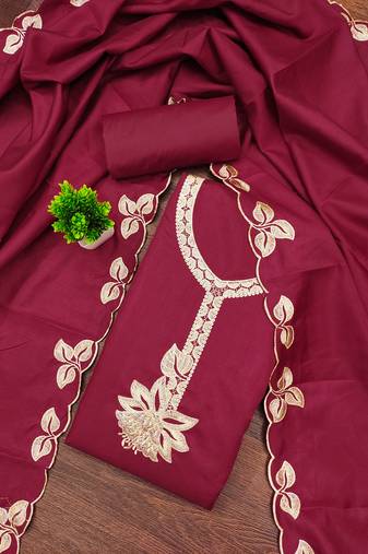 Women's maroon unstitched heavy thread embroidery cotton dress material (mt662mrn)