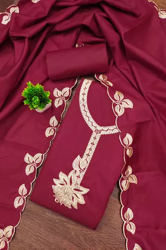 Women's maroon unstitched heavy thread embroidery cotton dress material (mt662mrn)