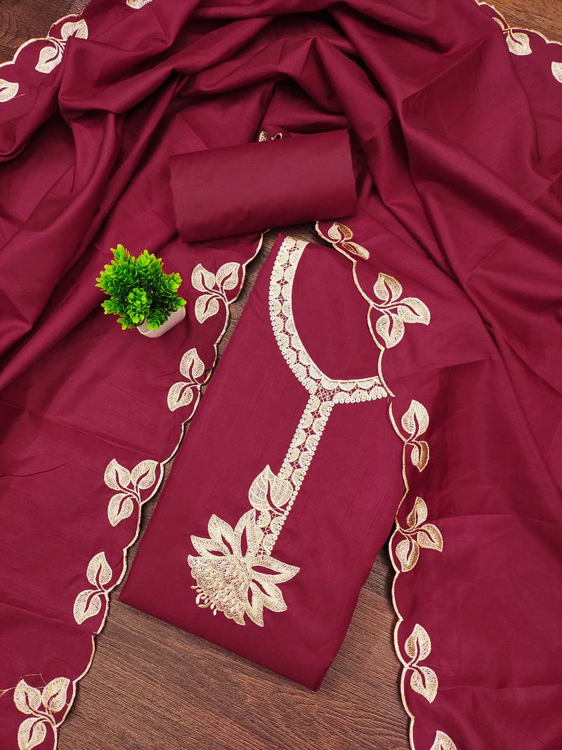 Women's maroon unstitched heavy thread embroidery cotton dress material (mt662mrn)