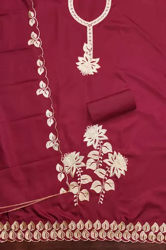 Women's maroon heavy thread embroidery cotton dress material