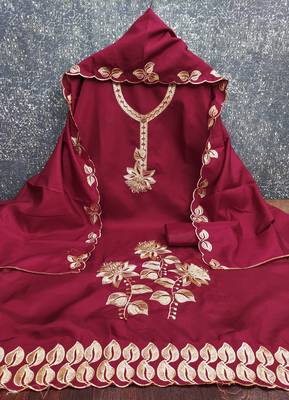 Women's maroon heavy thread embroidery cotton dress material 3