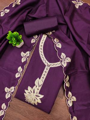 Women's purple heavy thread embroidery cotton dress material 1
