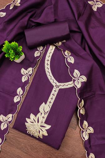 Women's purple unstitched heavy thread embroidery cotton dress material (mt662ppl)