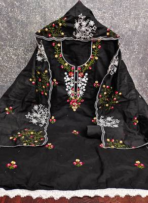 Women's black unstitched thread embroidery chanderi cotton dress material (mt660blk) 4