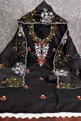 Women's black unstitched thread embroidery chanderi cotton dress material (mt660blk)
