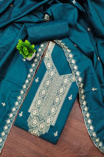 Women's teal blue unstitched heavy thread embroidery cotton dress material (mt663blu)
