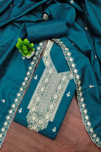 Women's teal blue unstitched heavy thread embroidery cotton dress material (mt663blu)