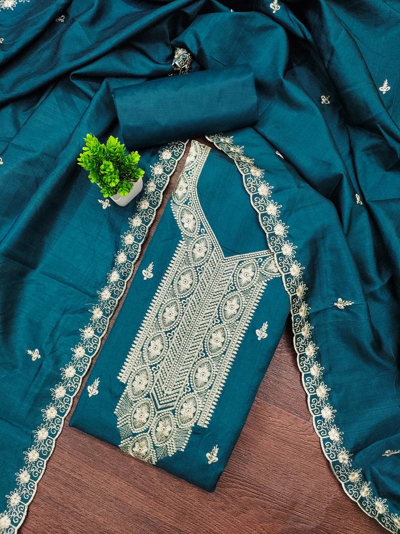 Women's teal blue unstitched heavy thread embroidery cotton dress material (mt663blu)