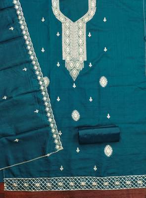 Women's teal blue heavy thread embroidery cotton dress material 2