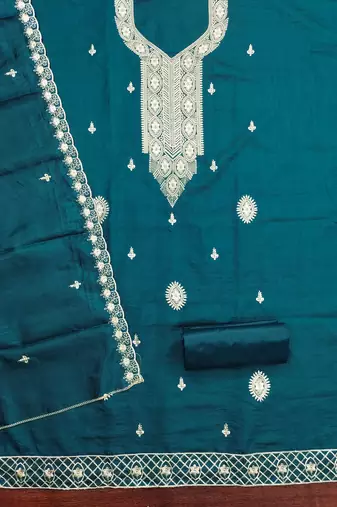Women's teal blue heavy thread embroidery cotton dress material