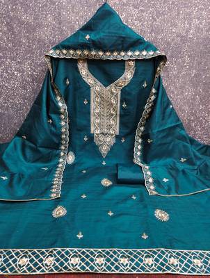 Women's teal blue heavy thread embroidery cotton dress material 3