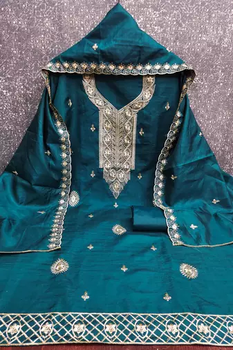 Women's teal blue heavy thread embroidery cotton dress material