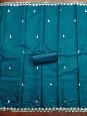 Women's teal blue heavy thread embroidery cotton dress material 4