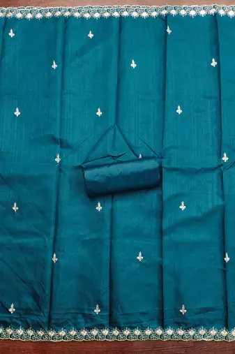 Women's teal blue heavy thread embroidery cotton dress material