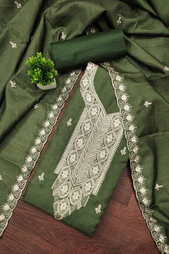 Women's green unstitched heavy thread embroidery cotton dress material (mt663grn)