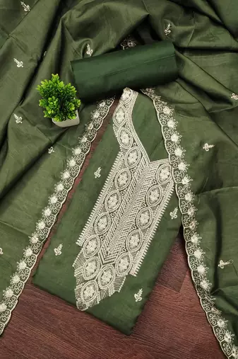 Women's green unstitched heavy thread embroidery cotton dress material (mt663grn)