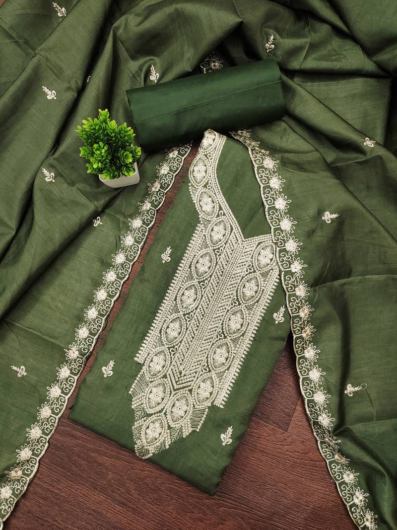 Women's green unstitched heavy thread embroidery cotton dress material (mt663grn)