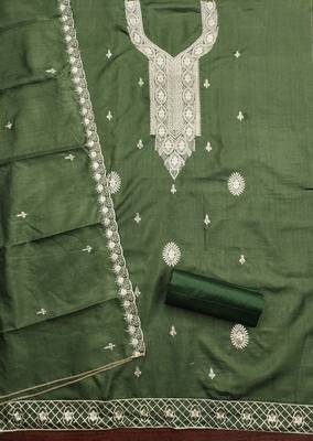 Women's green heavy thread embroidery cotton dress material 2