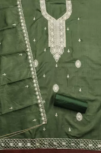 Women's green heavy thread embroidery cotton dress material