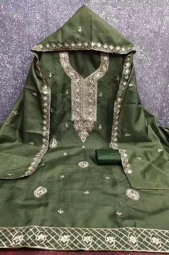 Women's green heavy thread embroidery cotton dress material