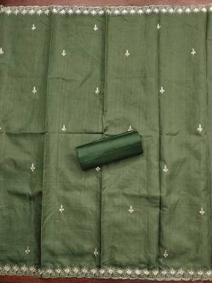 Women's green heavy thread embroidery cotton dress material 4