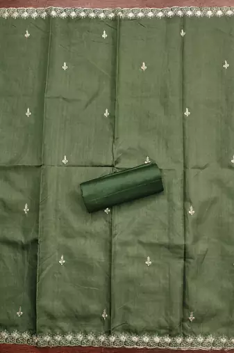 Women's green heavy thread embroidery cotton dress material