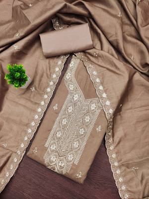 Women's grey heavy thread embroidery cotton dress material 1