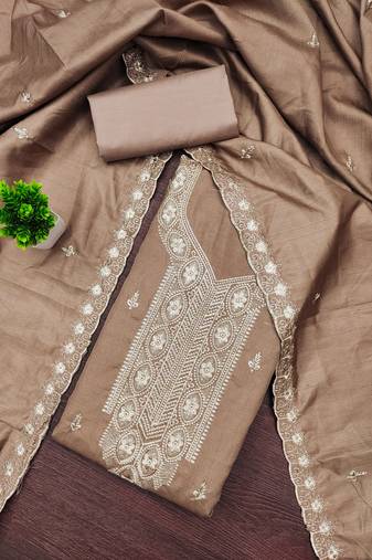 Women's grey unstitched heavy thread embroidery cotton dress material (mt663gry)