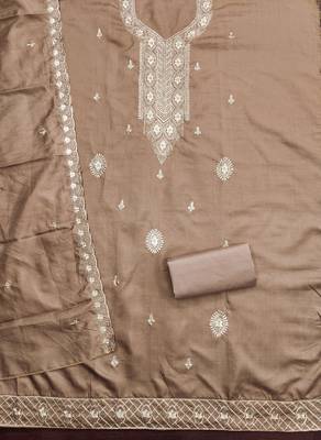Women's grey heavy thread embroidery cotton dress material 2