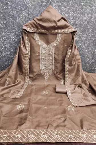 Women's grey heavy thread embroidery cotton dress material