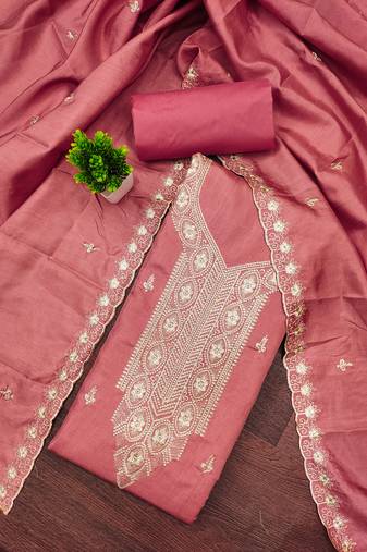 Women's pink unstitched heavy thread embroidery cotton dress material (mt663pnk)