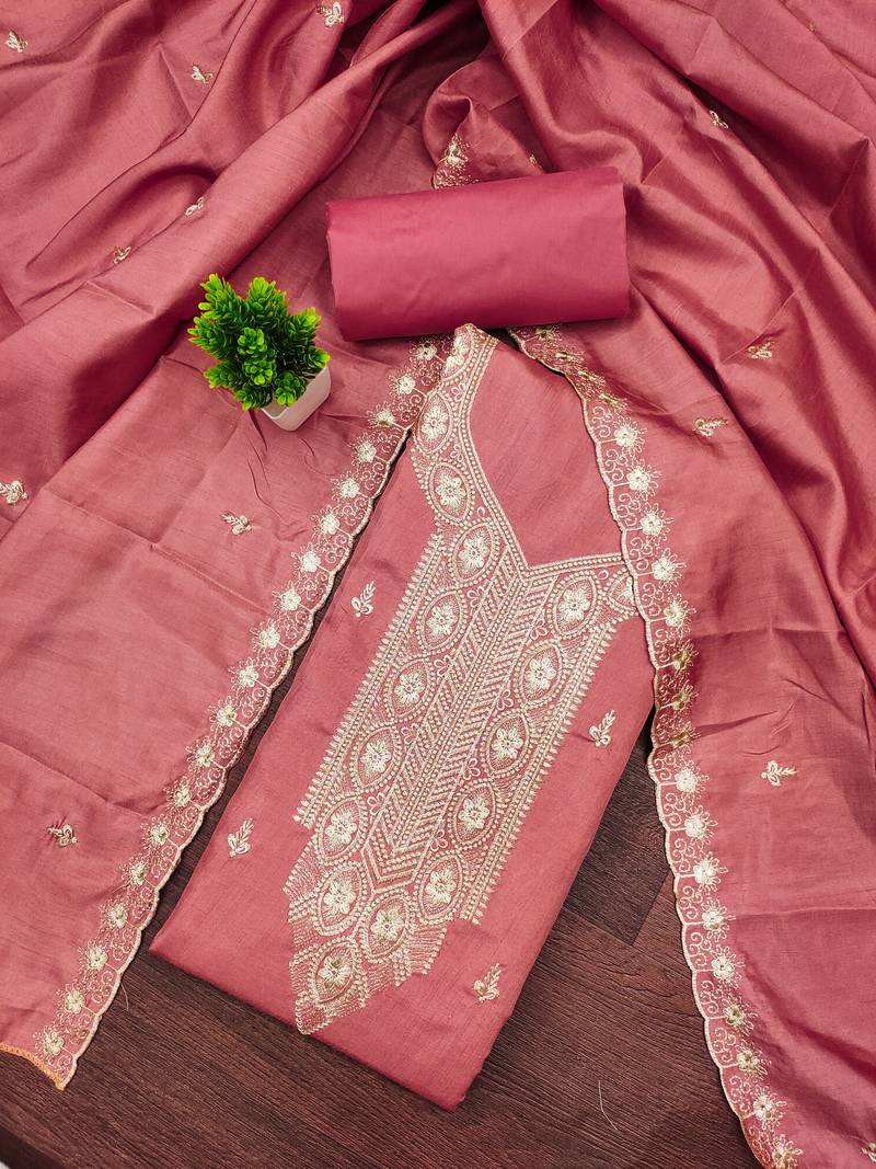 Women's pink unstitched heavy thread embroidery cotton dress material (mt663pnk)