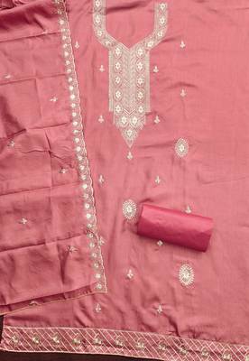 Women's pink heavy thread embroidery cotton dress material 2
