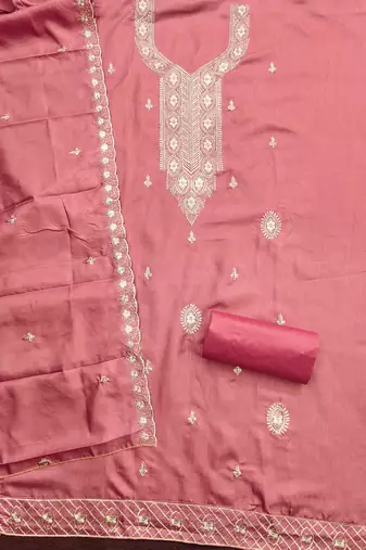Women's pink heavy thread embroidery cotton dress material