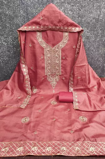 Women's pink heavy thread embroidery cotton dress material