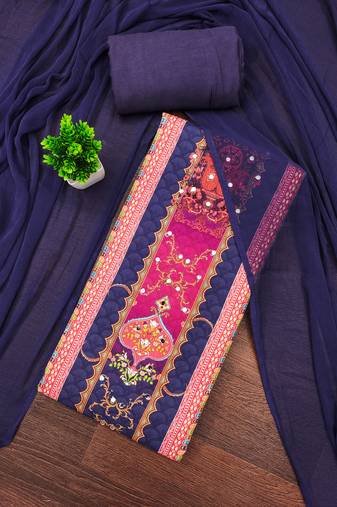 Women's multi unstitched designer print & mirror work rayon dress material (mt664blu)