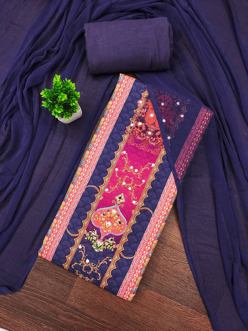 Women's multi unstitched designer print & mirror work rayon dress material (mt664blu)