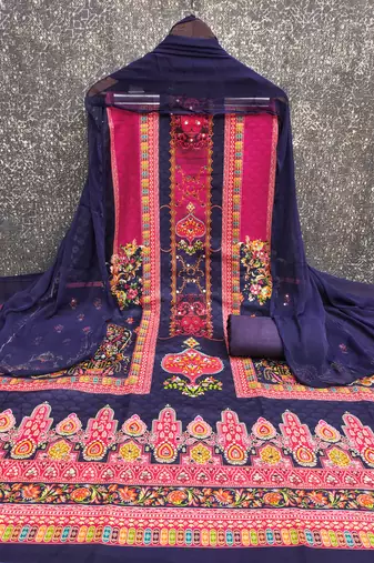 Women's multi designer print & mirror work rayon dress material